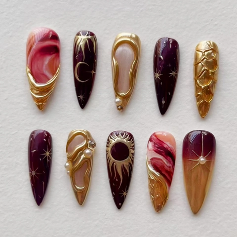 Kunstnagels ABS Paars Goud Astrologie Zon Maan Ster Patroon Marmeren Stiletto Kunstnagels Vrouwen