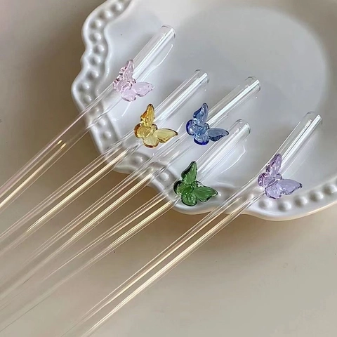 Cannucce In Vetro Con Farfalla Riutilizzabili Decorative Curve Trasparenti Resistenti Al Calore Per Latte Succo Caffè