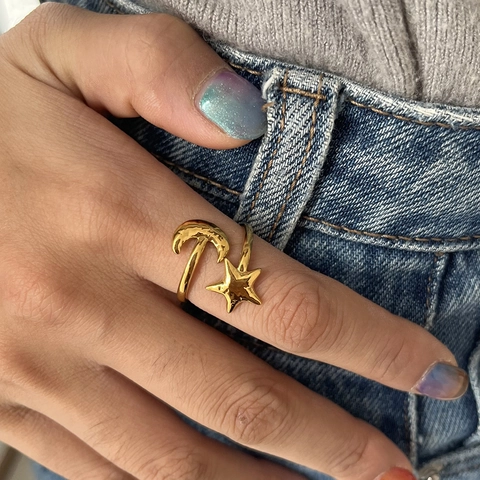 Anello Aperto Regolabile in Acciaio Inossidabile Placcato Oro 18K con Stella e Luna per Donna Gioielli alla Moda Minimalisti Anello a Fascia
