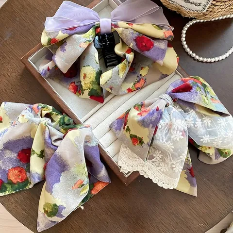 Pinza Per Capelli Con Fiocco Floreale E Elastico Pizzo Perla Artificial Organza Tessuto Stile Pittura Ad Olio Vintage Per Donne