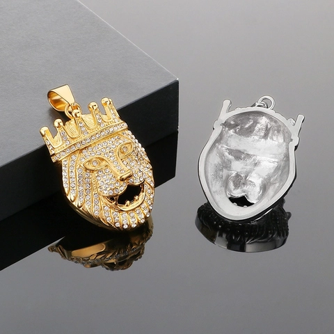 Collar Colgante Cabeza De León Corona Hip Hop Acero Inoxidable Con Cristales Joyería Animal Para Hombres