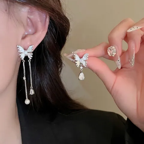 Butterfly Asymmetric Tassel Earrings With Zircon Mother Of Artificial Pearl Artificial Pearl And 925 Sterling Silver Earring Post