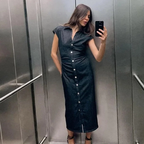Damen Ärmelloses Jeanskleid Einreihig Schmale Passform Gerafftes Midikleid Sexy Chic Dunkelblau Mode Streetwear