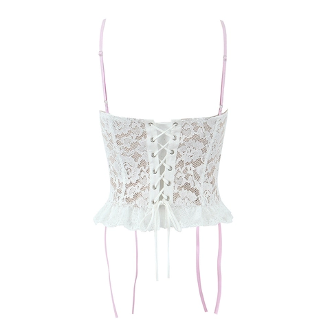 Camiseta de Tirantes Dulce de Encaje Floral Blanco para Mujer Bustier Lazos Rosas Dobladillo con Volantes Sexy Chic Verano