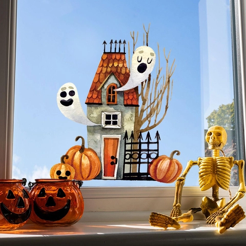 Halloween Window Clings Ghost Pumpkin Haunted House Static PVC Stickers Removable Cartoon Party Decoration For Glass
