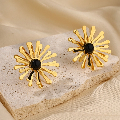Stainless Steel Gold Plated Sunburst Stud Earrings With Black Gemstone Center Vintage Flower Jewelry For Women