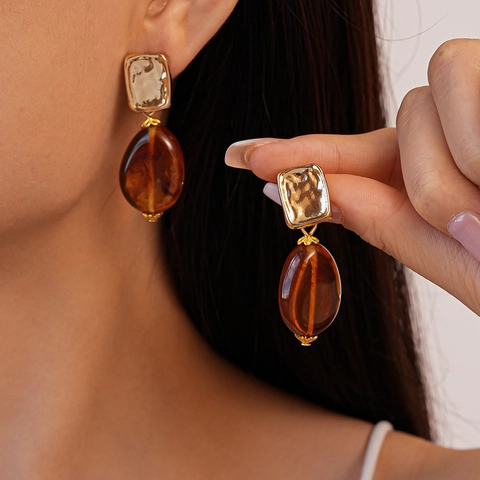 Vintage Water Drop Earrings Alloy Acrylic With 925 Sterling Silver Earring Post Geometric Square Wrinkled Gold Texture