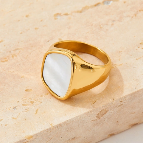 Vintage Signet Ring Stainless Steel With White Mother Of Artificial Pearl Geometric Irregular Triangle Minimalist Jewelry For Women