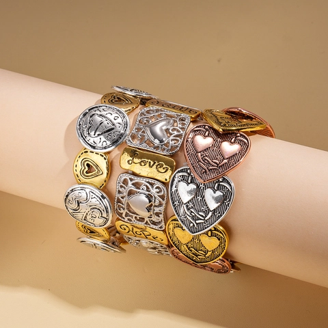 Heart Alloy Elastic Bracelet With Love Faith Hope Engraved Retro Geometric Jewelry For Women