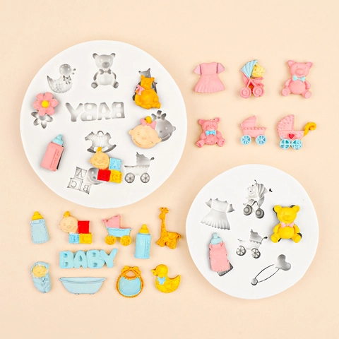 Baby Thema Siliconen Fondant Taartvorm Beer Kinderwagen Schommelpaard Fles DIY Chocolade Bakken Decoratie Gereedschap Babyshower