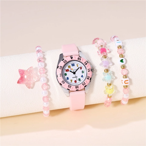 Kids Quartz Watch Beaded Bracelet Silicone Strap Colorful Arabic Numerals Analog Wristwatch For Students Girls Boys