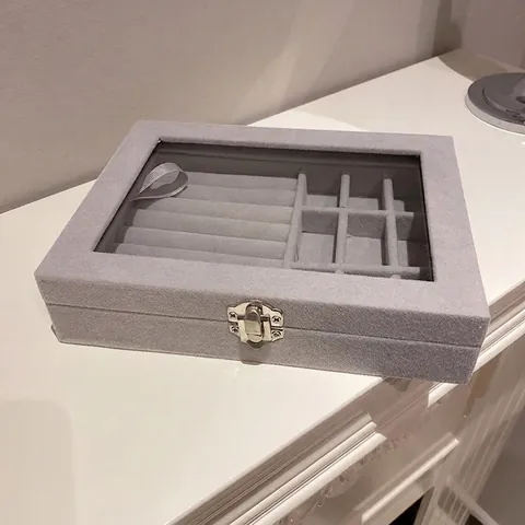Gray Velvet Jewelry Box With Transparent Glass Lid And Metal Lock For Rings Earrings Organizer
