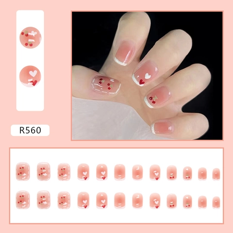 Pink Gradient French Tip Press On Nails With Cherry Heart Pattern Short Square Artificial False Nails Women Manicure