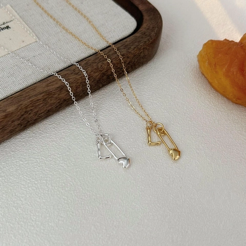925 Sterling Silver Necklace Heart Safety Pin Letter L Pendant Minimalist Jewelry For Women 18K Gold Plated