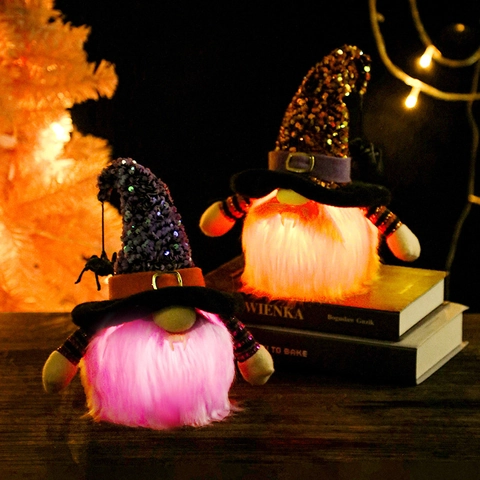 Gnomo Di Halloween Bambola Peluche Luminosa Mago Senza Volto Con Cappello Di Paillettes Ragno Zanne Di Vampiro Decorazione
