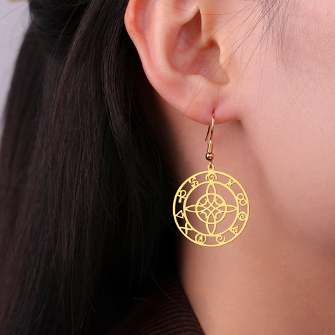 Witch Knot Dangle Earrings Stainless Steel Round Hollow Celtic Symbols Vintage Wicca Jewelry For Women Men