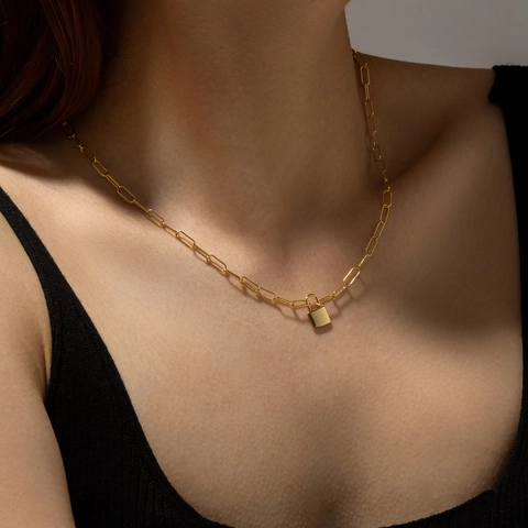 Collier En Argent Sterling 925 Minimaliste Punk Pendentif Cadenas Chaîne Trombone Bijoux Tendance Pour Femmes