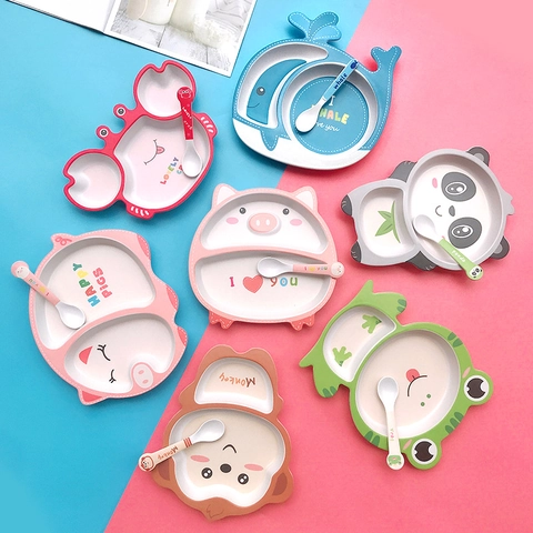 Cartoon Animal Bamboo Fiber Divided Dinner Plate For Kids Toddler Eco Friendly Feeding Dish