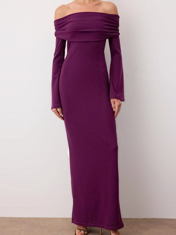 Off Shoulder Maxi Dress Ruched Knit Long Sleeve Slim Fit Back Slit Solid Color Elegant Evening Party Gown For Women