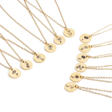 Collier Fleur De Naissance Acier Inoxydable Pendentif Rond Gravé Floral Bijoux Minimalistes Cadeau Pour Femmes