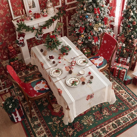 Mantel De Navidad Encaje Rectangular Bordado Papá Noel Campana Copo De Nieve Floral Decoración De Mesa Fiesta Lavable