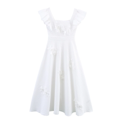 Abito Lungo Donna Scollo Quadrato Maniche A Volant Floreale Perla Artificial Elegante Testurizzato Stile Vintage
