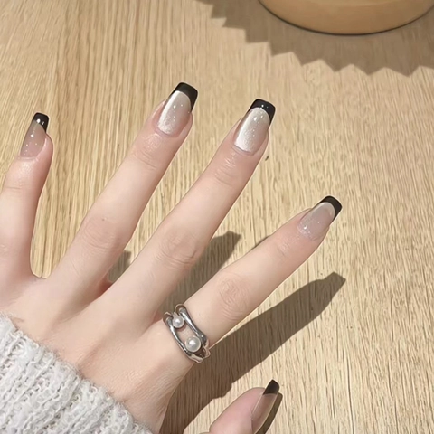 Press On Nagels Cat Eye Effect Zwarte French Tips Vierkant Rond Glanzend Glitter Verwijderbaar Manicure Voor Vrouwen ABS