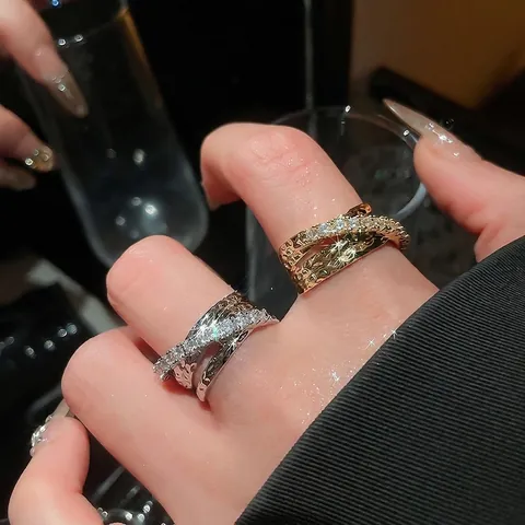 Anello Aperto Incrociato Multistrato Geometrico Rame Zirconia Micro Intarsiato Gioielli Eleganti Moda Per Donne