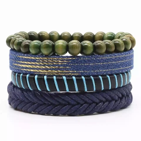 Heren Multi Layer Gevlochten Leren Armbanden Met Houten Kralen Vintage Punk Stijl Sieraden Armband Voor Mannen