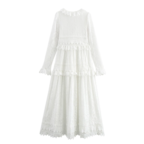 Elegant French Lace Embroidery Maxi Dress V Neck Long Sleeve High Waist Vacation White Women