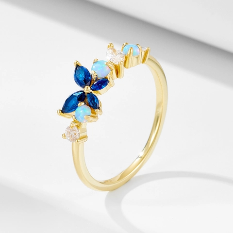 925 Sterlingsilber Schmetterling Ring Für Damen Gold Silber Plattiert Blau Opal Strass Eingelegt Finger Schmuck Mode Täglich Accessoire