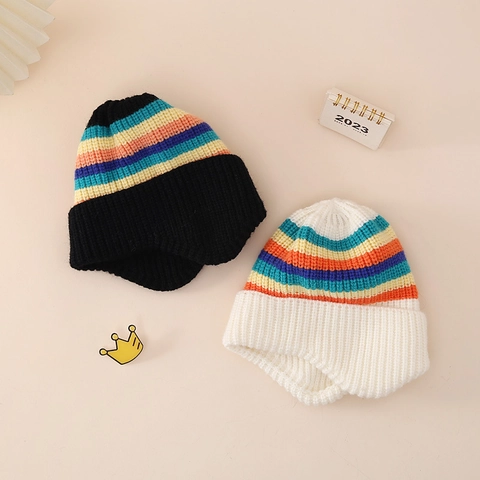 Bonnet En Tricot Pour Bébé Avec Cache-Oreilles Rayures Arc-En-Ciel Acrylique Hiver Chaud Thermique