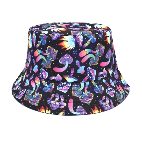 Reversible Bucket Hat Polyester Full Print Mushroom Shark Tropical Sun Protection Outdoor Beach Fisherman Cap Unisex
