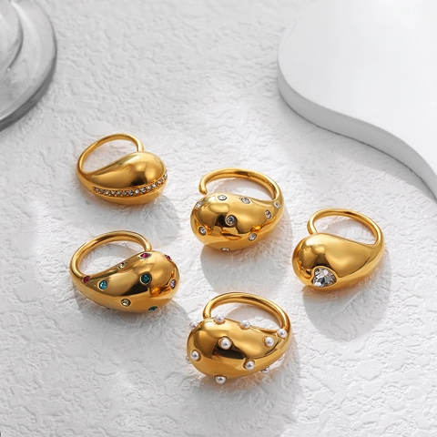 Vintage Roestvrij Stalen Chunky Waterdruppel Ring Voor Vrouwen Goud Zilver Verguld Strass Kunstparel Open Verstelbare Vingerring Sieraden