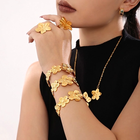 Blumen Schmuck Halskette Armband Und Ring PVD Vergoldeter Edelstahl Florales Design Damen Mode Accessoire