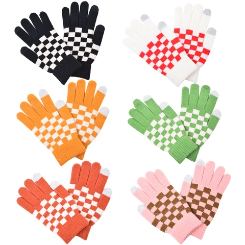 Checkerboard Knitted Touchscreen Gloves Winter Warm Outdoor Cycling Full Finger Cotton Gloves For Men Women Casual Warm Accessories