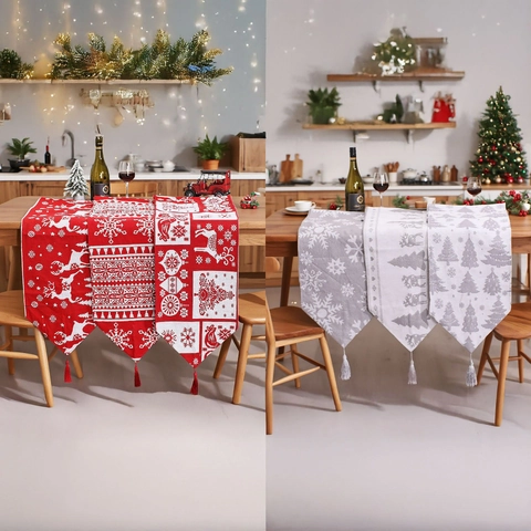 Christmas Table Runner Reindeer Snowflake Knitted Fabric With Tassels For Holiday Dining Room Home Party Decoration