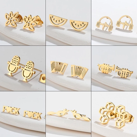 Creative Stainless Steel Stud Earrings Musical Instrument Accordion Trumpet Microphone Watermelon Fox For Women Girls