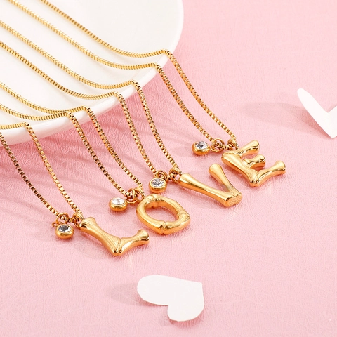Initial Alphabet Pendant Necklace Stainless Steel Bamboo Texture Gold Color With Zircon Fashion Jewelry For Women
