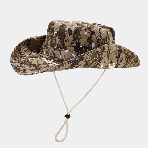 Outdoor Digital Camouflage Boonie Hat Wide Brim Tactical Sun Protection Fishing Cap With Adjustable Chin Strap Breathable
