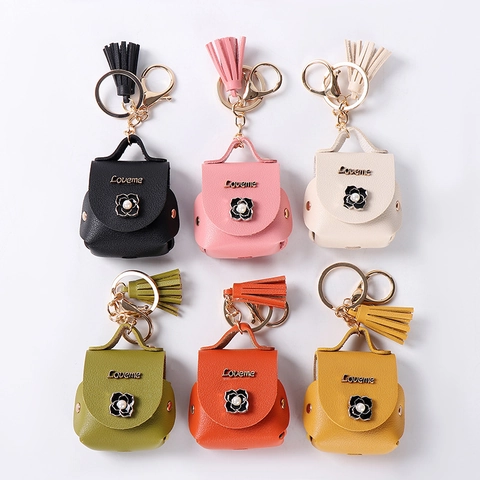Mini Bag Shape Keychain PU Leather Earphone Case Storage Bag Charm With Tassel Flower Decor Fashionable Women Gift