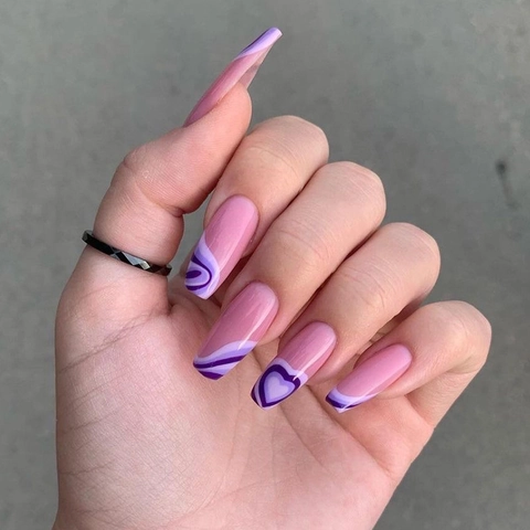 Unghie Finte Coffin Lucide Rosa Viola Cuore Motivo Onde Stile Francese Unghie Artificiali Manicure Per Donne