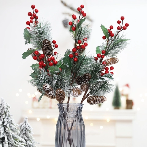 Artificial Christmas Pine Branches Stems With Red Berries Natural Pine Cones Faux Snow Frosted For Holiday Vase Decor