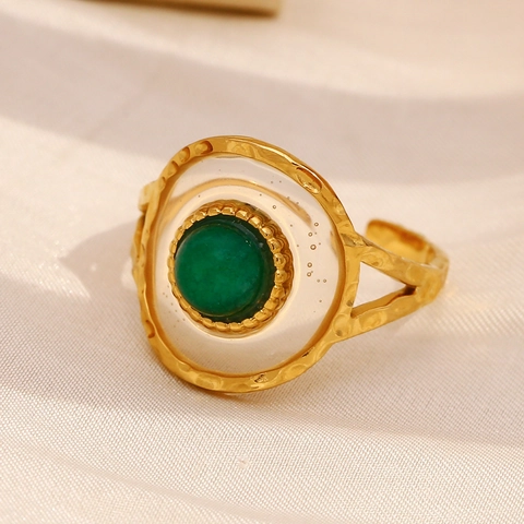Retro French Style Open Ring Stainless Steel 18K Gold Plated Green Acrylic Gemstone Hammered Texture For Women Adjustable