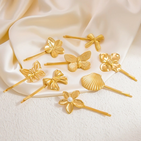 18K Vergoldet Edelstahl Blume Schmetterling Muschel Haarklammern Für Damen Elegant Minimalistisch Wasserdicht Hypoallergen Haarnadel Schmuck