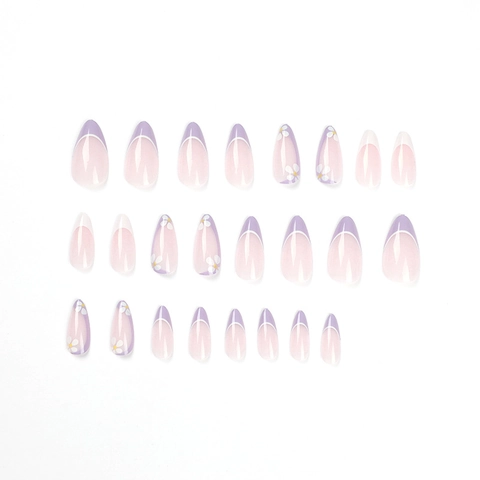 Paarse French Tip Press On Nagels Witte Madeliefjes Lange Amandelvorm Glanzende Kunstnagels Voor Dames Manicure