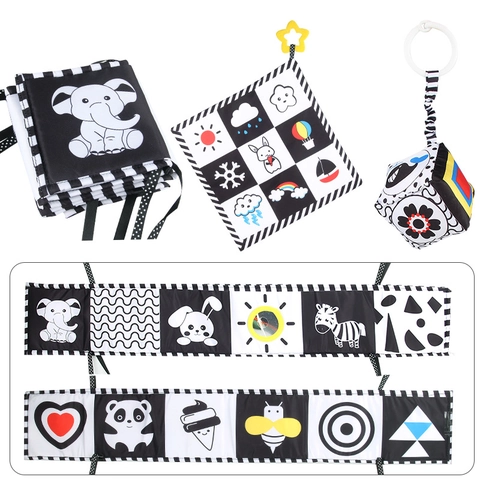Baby Black And White High Contrast Sensory Cloth Book Newborn Visual Stimulation Soft Fabric Toy Crib Bumper Educational Rattle