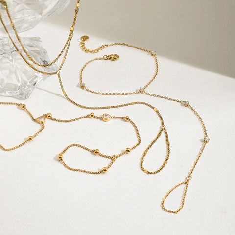 Bracciale Schiava In Acciaio Inossidabile Catena Da Mano Cuore Zircone Placcato Oro 18K Regolabile Gioielli Da Donna