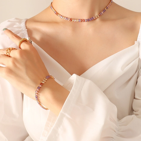 Colorful Zircon Necklace And Bracelet Gold Plated Stainless Steel Oval Cut Tennis Chain Elegant Accessories For Women