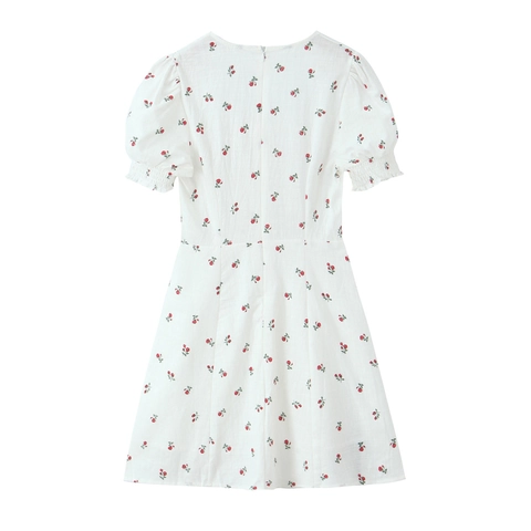 Floral Print Mini Dress Cotton Square Neck Puff Sleeve French Vintage Slim Fit Summer Casual Short Sleeve For Women